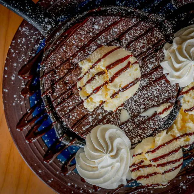 Brownie skillet with ice cream and whipped cream