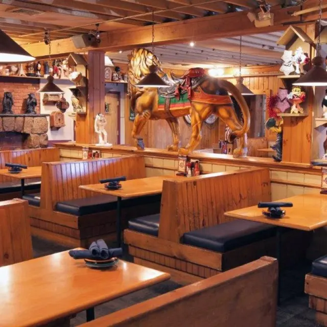 Restaurant booths and wooden decor